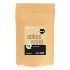 Wohltuer Bio Kokosmehl Tüte vor weissem Hintergrund